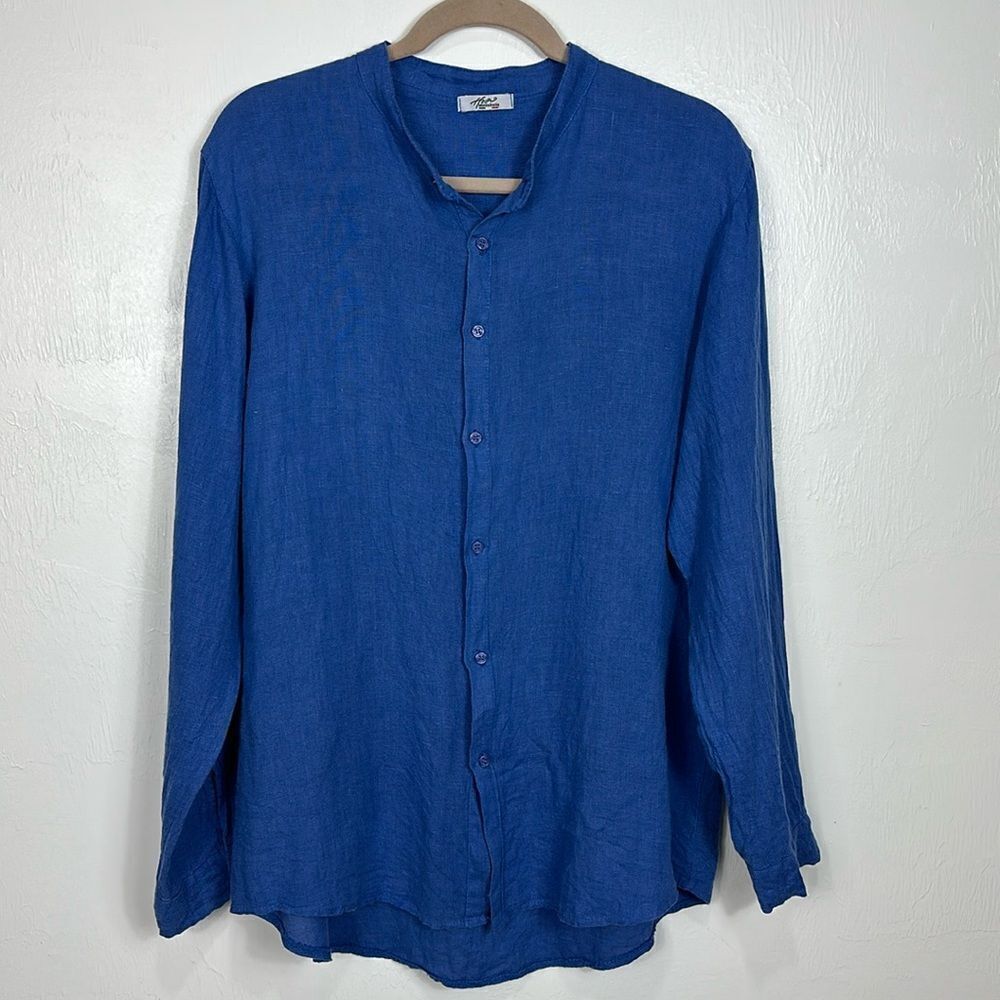 Moda Italia Linen Long Sleeve Band Collar Button Down Shirt In Blue Size XL
